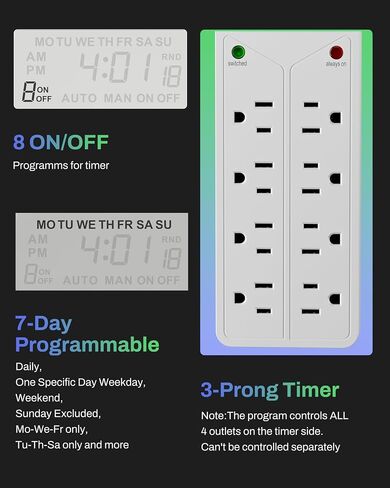 BN-LINK 8 Outlet Surge Protector with 7-Day Digital Timer (4 Outlets Timed, 4 Outlets Always On) - White in Saudi Arabia