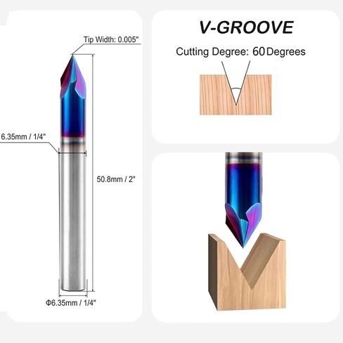 3-Flute 60 Degree V Groove Router Bit,1/4 Inch Shank Nano Blue Coated Carbide V-Groove Engraving Bit,0.005" Tip Width 2" Total Length Woodworking Sign Making Carving Cutter in Kuwait