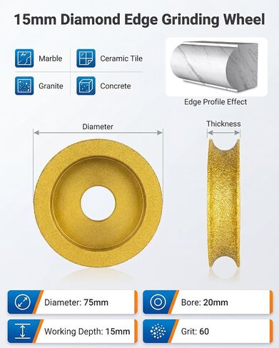 3" Edge Diamond Grinding Wheel, Profile Hand Diamond Wheel for Angle Grinder, 20mm Demi-Bullnose Stone Grinding Disc for Marble, Granite, Tile and Concrete (60 Grit) in Kuwait