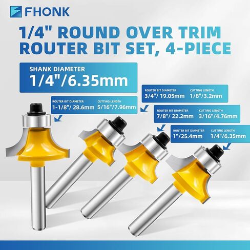 1/4" Shank Roundover Router Bit Set 4Pcs, Radius in 1/8", 3/16", 1/4", 5/16" with Bearing Guide, Carbide Edging Cutter for Woodworking CNC Router Molding Profiling in Kuwait
