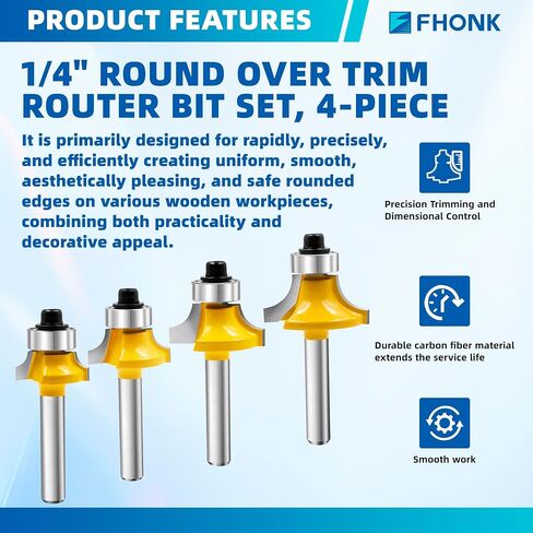 1/4" Shank Roundover Router Bit Set 4Pcs, Radius in 1/8", 3/16", 1/4", 5/16" with Bearing Guide, Carbide Edging Cutter for Woodworking CNC Router Molding Profiling in Kuwait