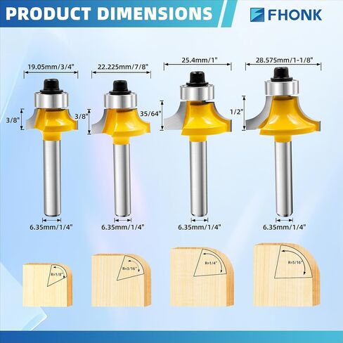 1/4" Shank Roundover Router Bit Set 4Pcs, Radius in 1/8", 3/16", 1/4", 5/16" with Bearing Guide, Carbide Edging Cutter for Woodworking CNC Router Molding Profiling in Kuwait
