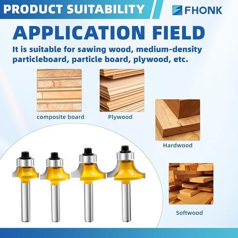 1/4" Shank Roundover Router Bit Set 4Pcs, Radius in 1/8", 3/16", 1/4", 5/16" with Bearing Guide, Carbide Edging Cutter for Woodworking CNC Router Molding Profiling in Kuwait