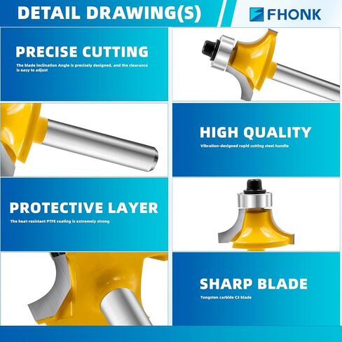 1/4" Shank Roundover Router Bit Set 4Pcs, Radius in 1/8", 3/16", 1/4", 5/16" with Bearing Guide, Carbide Edging Cutter for Woodworking CNC Router Molding Profiling in Kuwait