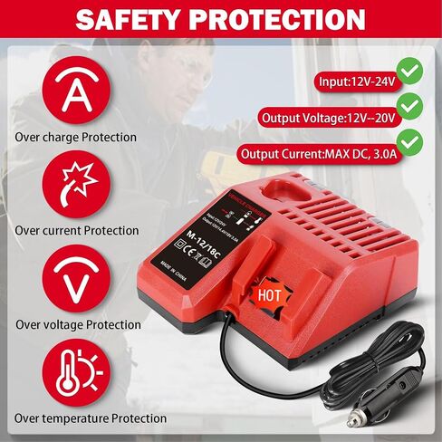 Car Charger for M18 & for M12 Multi Voltage for Milwaukee 12V-18V Battery, Battery Charger for C12 B C12 BX 48-59-1812 48-11-2420 48-11-1815 48-11-1840 48-11-1841 48-11-1850 in Kuwait