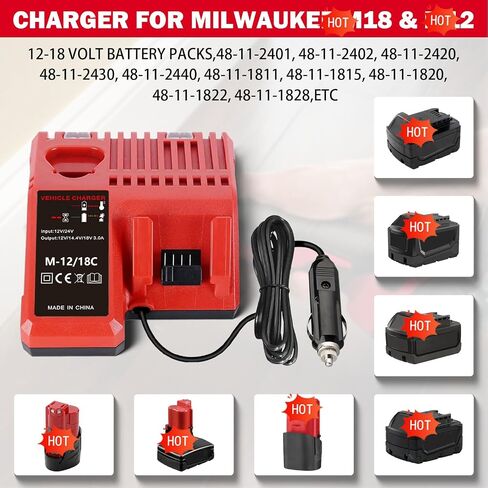 Car Charger for M18 & for M12 Multi Voltage for Milwaukee 12V-18V Battery, Battery Charger for C12 B C12 BX 48-59-1812 48-11-2420 48-11-1815 48-11-1840 48-11-1841 48-11-1850 in Kuwait