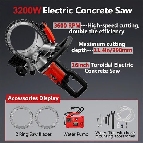 3200W 110V 16 inch Electric Concrete Ring Cutting Saw | ax Cutting Depth 11.4 inch with 2 Blades & Smart Water Pump, Power Circular Saws Brick Walls, Cement Blocks and Marble in Kuwait