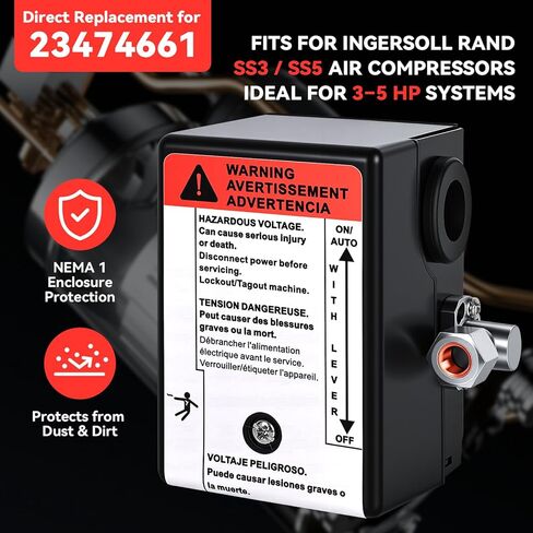 23474661 Air Compressor Pressure Switch for Ingersoll Rand, 100/135 PSI Pressure Switch for Ingersoll-Rand SS3 SS4 SS5 Single Stage Compressors, 3/8" NPT with Built-In Unloader Valve in Kuwait