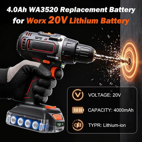 4.0Ah 20V Lithium Battery for Worx 20V Battery and Charger Combo, Compatible with All Worx Batteries WA3520 WA3525 WA3575 WG151s WG251s WG540s WG545s WG890 WG89 with LED Power Indicator in Kuwait