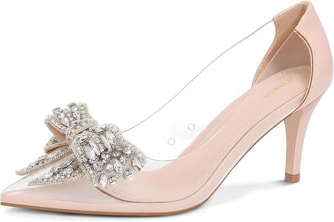 Berness Crystal Bow Pointed Toe Clear Kitten Heels for Women | 2.5-inch Heel Height, Low Stiletto Heels, Pull-on, Cushioned Comfort, Wedding, Parties, Dates, Formal Occasions in Kuwait