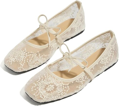 Women's White Ballet Flats with Bow Decor Flower Embroidery Breathable Mesh Square Toe Mary Jane Shoes for Wide Feet in Kuwait