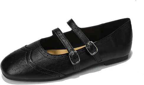 Women's Mary Jane Flats Double Strap Buckle Brogue Leather Flats, Vintage Perforated Square Toe Comfort Dress Shoes for Casual Work Daily in Kuwait