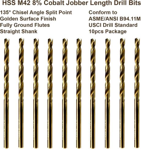 MAXTOOL 13/64" 10pcs Identical Jobber Length Drills HSS M42 Twist Drill Bits 8% Cobalt Fully Ground Golden Straight Shank Drills; JBF42G10R13P10 in Kuwait