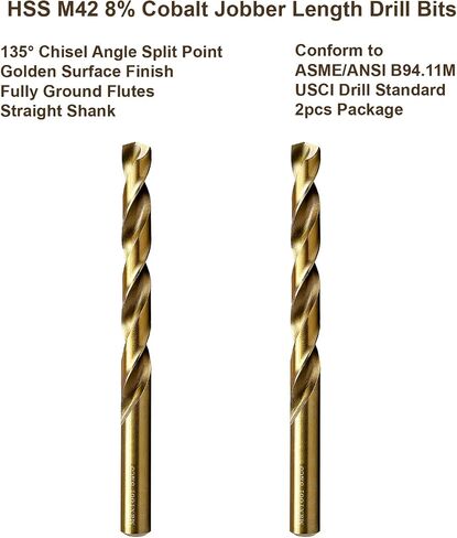 MAXTOOL 1/4" 2pcs Identical Jobber Length Drills HSS M42 Twist Drill Bits 8% Cobalt Fully Ground Golden Straight Shank Drills; JBF42G10R16P2 in Kuwait