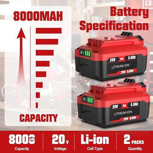 BATTOOL 2Pack 8.0Ah Replacement Craftsman 20V Battery and Charger Set for V20 Series CMCB202 CMCB204 CMCB205 CMCB206 CMCB201 CMCB100 CMCB124 Cordless Tools with CMCB104 Craftsman 20V Battery Charger in Kuwait
