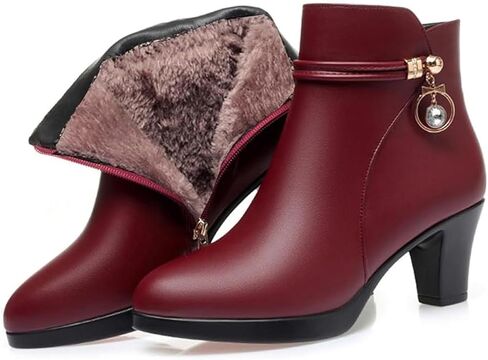 winter boots Women's Mid Block Heel Ankle Boots Fashion Rhinestones Buckle Decor Comfort Warm Fur Lined Side Zipper in Kuwait
