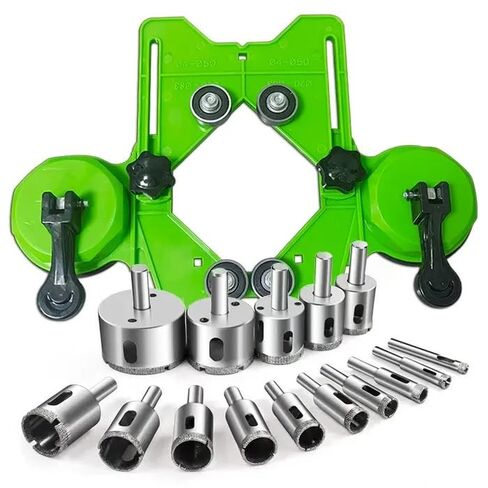 Diamond Hole Saw Kit, 16 PCS Tile Hole Saw Set, Double Suction Cup Guide & 4-Bearing Jig, 6-50mm Dry/Wet Drill Bits for Porcelain, Glass, Granite, Marble, Dry/Wet Zero-Slip Precision Cuts (Green) in Kuwait