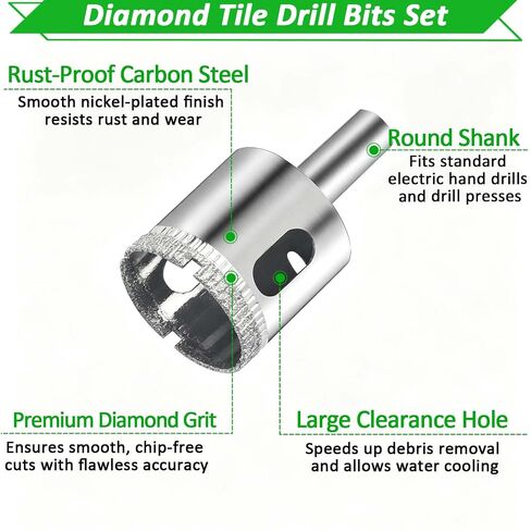 Diamond Hole Saw Kit, 16 PCS Tile Hole Saw Set, Double Suction Cup Guide & 4-Bearing Jig, 6-50mm Dry/Wet Drill Bits for Porcelain, Glass, Granite, Marble, Dry/Wet Zero-Slip Precision Cuts (Green) in Kuwait