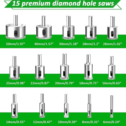 Diamond Hole Saw Kit, 16 PCS Tile Hole Saw Set, Double Suction Cup Guide & 4-Bearing Jig, 6-50mm Dry/Wet Drill Bits for Porcelain, Glass, Granite, Marble, Dry/Wet Zero-Slip Precision Cuts (Green) in Kuwait