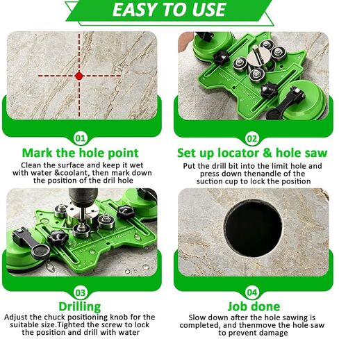 Diamond Hole Saw Kit, 16 PCS Tile Hole Saw Set, Double Suction Cup Guide & 4-Bearing Jig, 6-50mm Dry/Wet Drill Bits for Porcelain, Glass, Granite, Marble, Dry/Wet Zero-Slip Precision Cuts (Green) in Kuwait