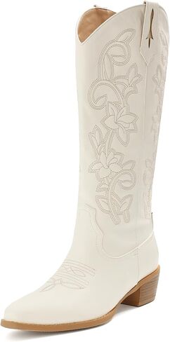 Cowboy Boots Women’s Mid Calf Western Boots | Square Toe Cowgirl Boots with Floral Stitch Design Low Block Heel in Kuwait