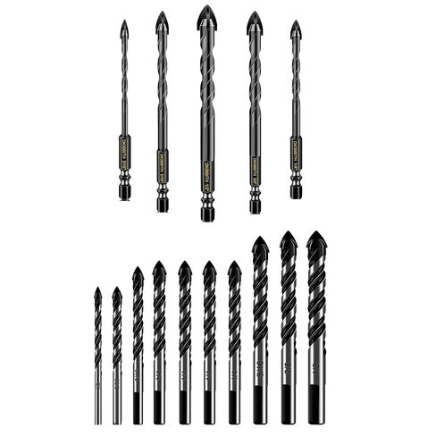 15-Piece Masonry Drill Bits Set for Tile Glass Ceramic Brick Wood, 1/8 to 1/2 Inch Drilling Bits with Triangle and Hex Shank, Tungsten Steel Alloy Tip in Kuwait