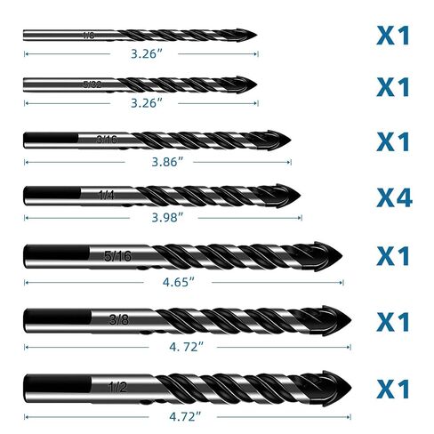 15-Piece Masonry Drill Bits Set for Tile Glass Ceramic Brick Wood, 1/8 to 1/2 Inch Drilling Bits with Triangle and Hex Shank, Tungsten Steel Alloy Tip in Kuwait