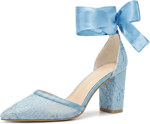 Perphy Lace Up Pointed Toe Bridal Block Heel Wedding Lace Pumps for Women in Kuwait