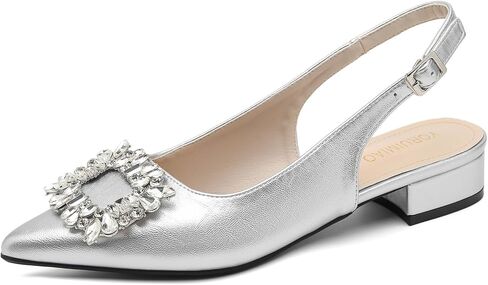 Women's Slingback Low Heel Pumps, Pointed Toe Rhinestone Buckle Sandals, Black Leather Comfortable Backless Dress Shoes for Wedding Office Casual in Kuwait