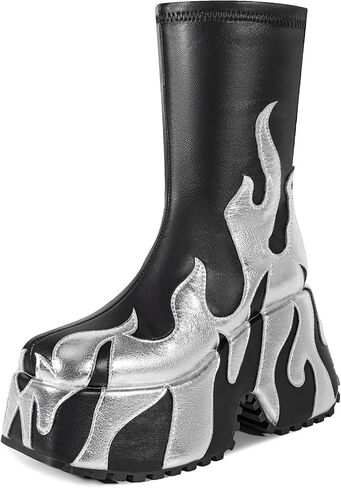 Women's Flame Platform Ankle Boots Goth Punk Side Zip Fastening, Round Toe Platform Boots in Kuwait
