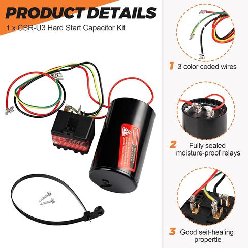 Beaquicy CSR-U3 4-to-5 Compressor Saver Hard Start Kit (208-240V)-Extends Compressor Life Cuts Startup Amps for 4-5 Tons AC/HVAC Refrigerator and Freezer with Capacitor&Cable&Screws (3-wire install) in Saudi Arabia