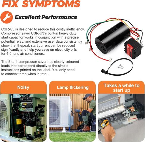 Beaquicy CSR-U3 4-to-5 Compressor Saver Hard Start Kit (208-240V)-Extends Compressor Life Cuts Startup Amps for 4-5 Tons AC/HVAC Refrigerator and Freezer with Capacitor&Cable&Screws (3-wire install) in Saudi Arabia