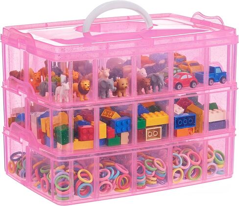 SGHUO 3-Tier Pink Craft Storage Container, Stackable Organizer Box with Dividers for Art Supplies, Beads, Washi Tapes, Seed, Hair Accessories, Nail, 9.5X6.5X7.2in in Kuwait