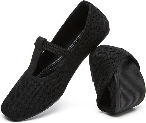 HEAWISH Women's Knitted Mary Janes Flats Square Toe Comfortable Slip On Casual Walking Shoes with Adjustable Buckle Strap for Daily Office Dressy in Kuwait