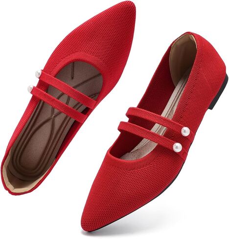 Womens Mary Jane Flats with Double Strap | Knit Pointed Toe Mary Jane Shoes Breathable Comfortable Ballet flats for Casual Dressy Office Work in Kuwait