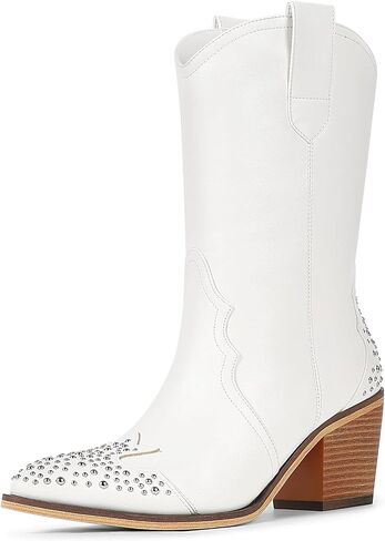 Women's Cowboy Boots, Mid Calf Studded Pointed Toe Western Cowgirl Boots for Women with Side Zipper Party Concert in Kuwait