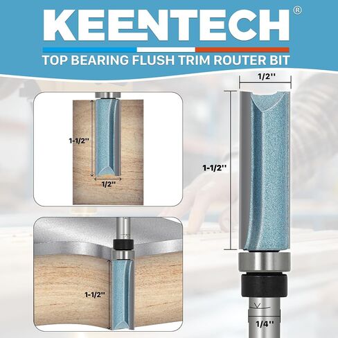 KEENTECH Flush Trim Router Bit, 1/4" Shank x 1/2" Dia x 1-1/2" CL | 10X Lifespan, Pattern Bit, Top Bearing, Industrial Grade, Tungsten Carbide Tipped, Woodworking in Saudi Arabia