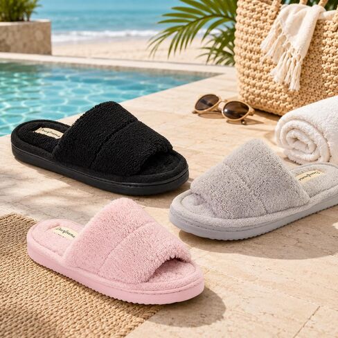 Dearfoams womens Sharon Terry Slide House Shoes With Memory Foam, Fuzzy Cozy Indoor Summer Slippers in Kuwait