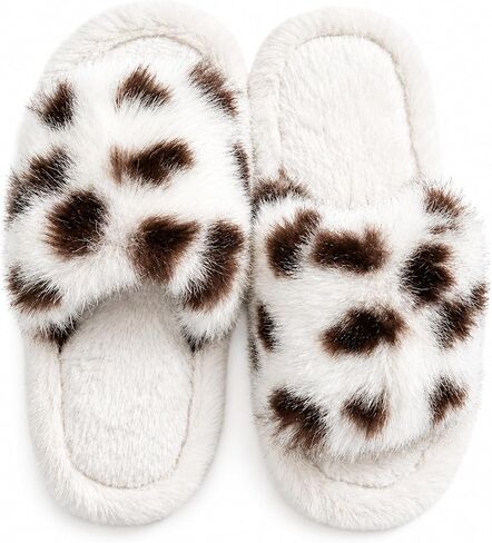 Fuzzy Open Toe Slippers for Women, Leopard Plush House Slippers with Memory Foam, Indoor Outdoor Slides in Kuwait