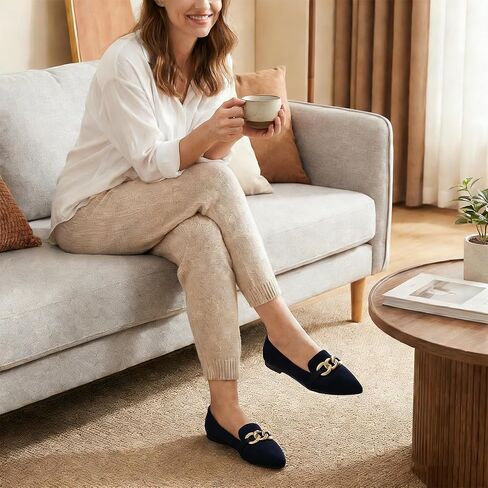 MUSSHOE Loafers for Women Comfortable Flats: Pointed Toe Suede Slip On Dress Shoes with Gold Chain - Memory Foam Arch Support for Business Casual Work Office in Kuwait