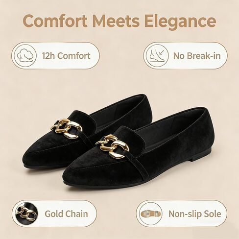 MUSSHOE Loafers for Women Comfortable Flats: Pointed Toe Suede Slip On Dress Shoes with Gold Chain - Memory Foam Arch Support for Business Casual Work Office in Kuwait