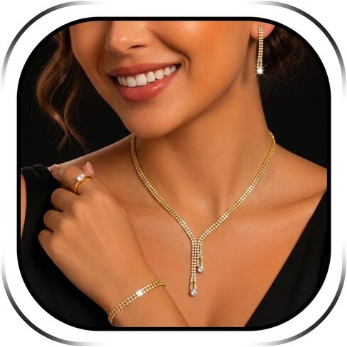 Rhinestone Jewelry Set for Women Gold Silver Black Wedding Necklace Bracelet and Earrings for Bridal Dainty Sparkling Crystal Elegant Jewelry for Prom Wedding Dress Women Accessories Gifts in Saudi Arabia