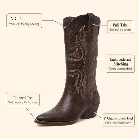 Cowboy Boots for Women Western Cowgirl: Mid Calf Country Concert Outfit | Flattering Pointed Toe & Comfort 2 Inch Chunky Heel - Retro Stitched Embroidery in Kuwait