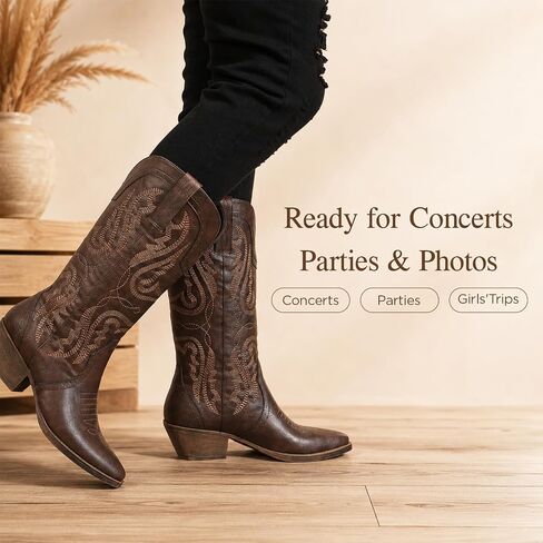 Cowboy Boots for Women Western Cowgirl: Mid Calf Country Concert Outfit | Flattering Pointed Toe & Comfort 2 Inch Chunky Heel - Retro Stitched Embroidery in Kuwait