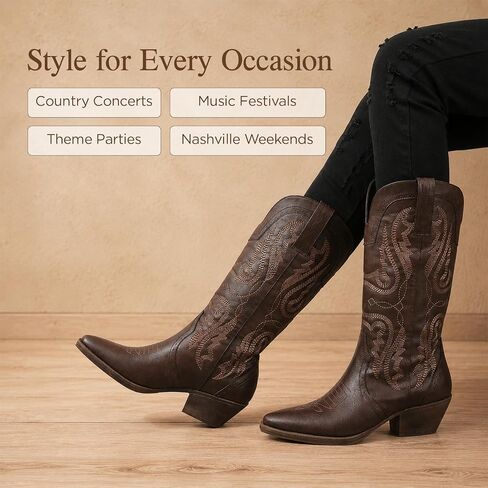 Cowboy Boots for Women Western Cowgirl: Mid Calf Country Concert Outfit | Flattering Pointed Toe & Comfort 2 Inch Chunky Heel - Retro Stitched Embroidery in Kuwait
