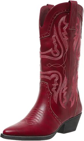 Cowboy Boots for Women Western Cowgirl: Mid Calf Country Concert Outfit | Flattering Pointed Toe & Comfort 2 Inch Chunky Heel - Retro Stitched Embroidery in Kuwait