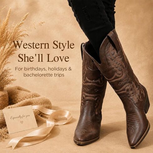 Cowboy Boots for Women Western Cowgirl: Mid Calf Country Concert Outfit | Flattering Pointed Toe & Comfort 2 Inch Chunky Heel - Retro Stitched Embroidery in Kuwait