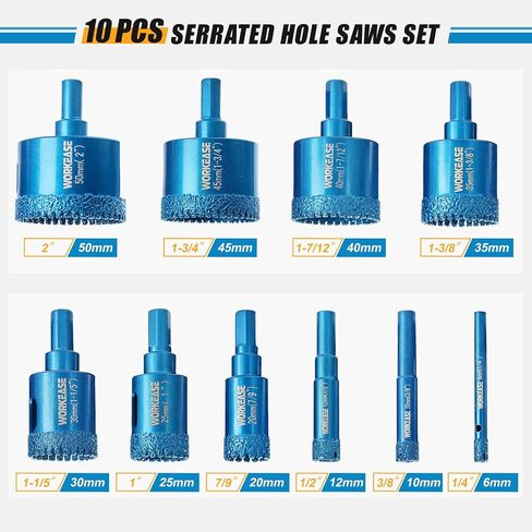 WORKEASE 10 PCS Tile Drill Bits Kit, Heavy-Duty Serrated Brazing Core Diamond Hole Saw with EVA Guide Jig for Hard Porcelain, Glass, Ceramic & Granite in Kuwait