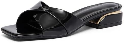 Women'S Patent Leather Chunky Heeled Slides Sandals Comfortable Stylish Square Toe 1.18IN Low Block Heel Open-Toe Mules For Party Wedding Causal Work Office Summer Slippers in Kuwait