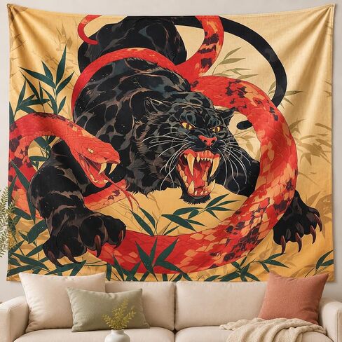 Xolytar Japanese Style Black Panther and Red Snake Tapestry for Men – Fierce Old School Tattoo Wall Art, Vintage Asian Bamboo Jungle Animal Wall Hanging for Man Cave, Gym & Dorm Decor (60x50) in Saudi Arabia